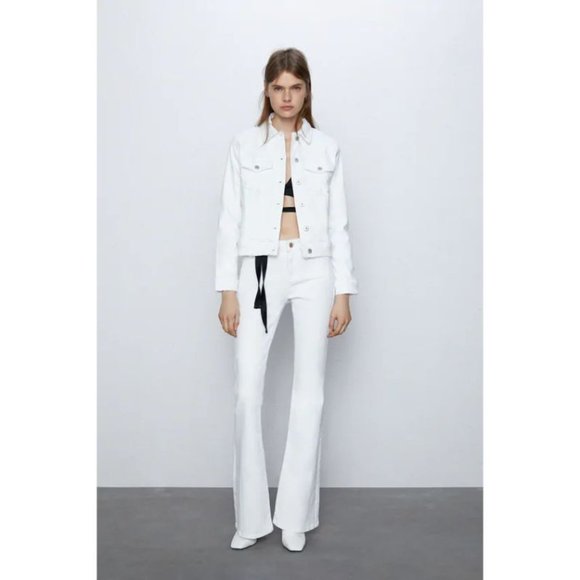New zara women's M white denim jean jacket cotton blend denim distressed pocket